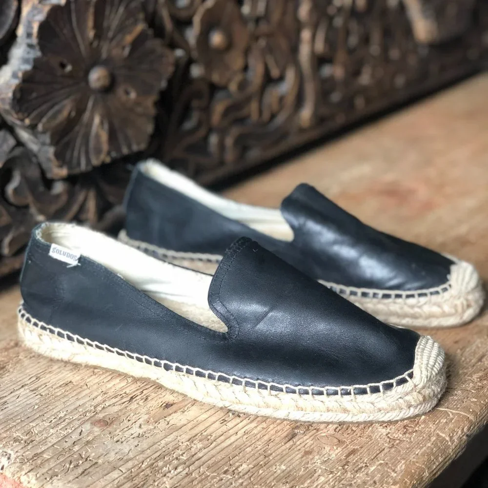 NWOT Soludos Black Leather Espadrille Smoking Slipper 11M